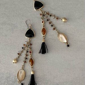 Pretty Black, Gold, Terracotta Stones and Tassels Set in Goldtone Earrings